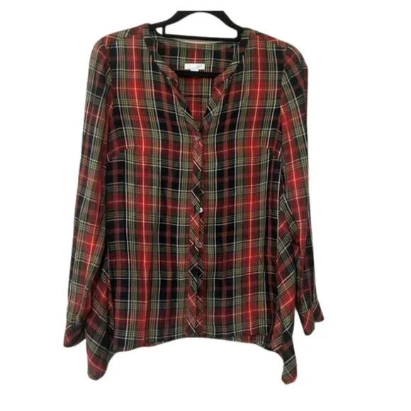 J Jill EUC plaid holiday color button down blouse with longer sides size XS Pet - Picture 1 of 5
